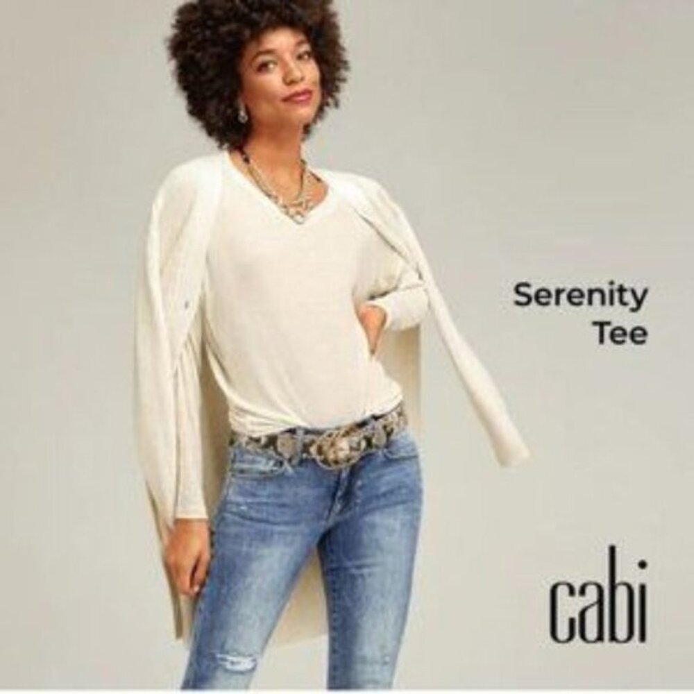Cabi Cream V-Neck Serenity Tee 4195 Long Sleeve Oversized Layering Tshirt Large